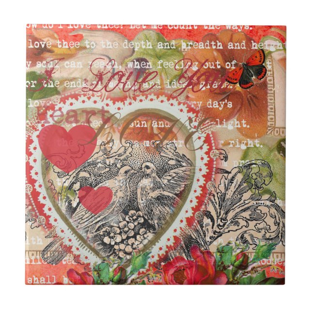 Love birds Heart Red Art Collage Kakelplatta (Framsidan)