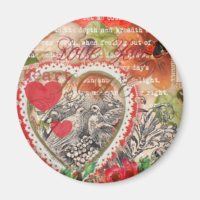 Love birds Heart Red Art Collage Magnet (Framsidan)