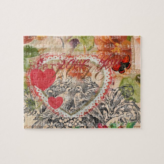 Love birds Heart Red Art Collage Pussel (Horisontell)