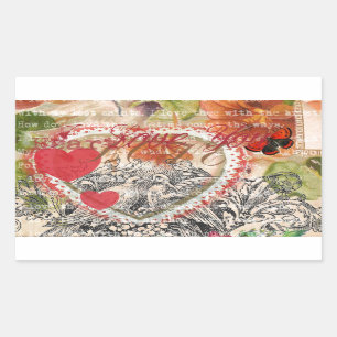 Love birds Heart Red Art Collage Rektangulärt Klistermärke
