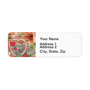 Love birds Heart Red Art Collage Returadress Etikett