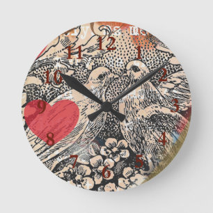 Love birds Heart Red Art Collage Rund Klocka