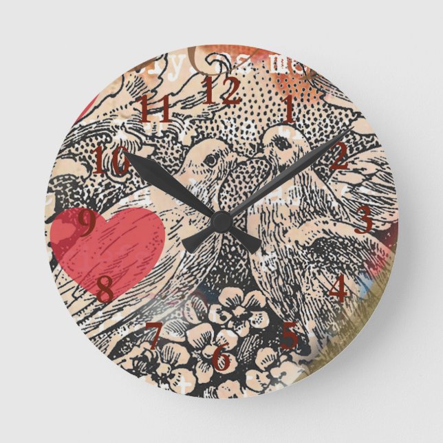 Love birds Heart Red Art Collage Rund Klocka (Framsida)
