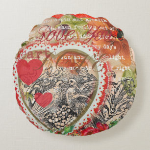 Love birds Heart Red Art Collage Rund Kudde