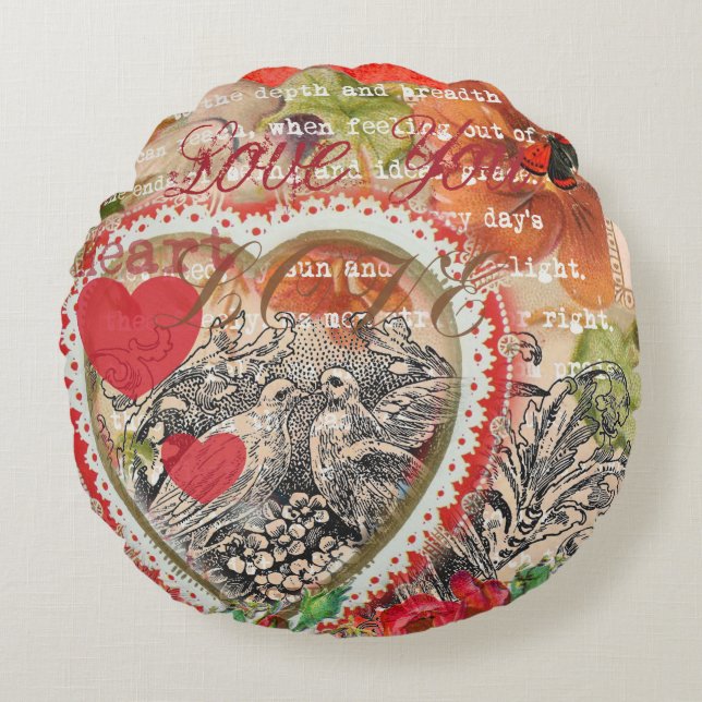 Love birds Heart Red Art Collage Rund Kudde (Framsidan)