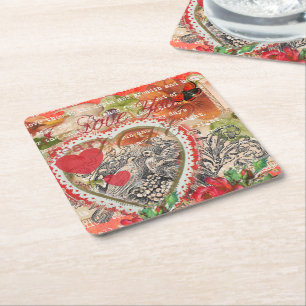 Love birds Heart Red Art Collage Underlägg Papper Kvadrat