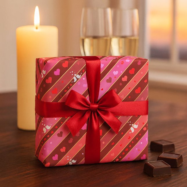 Love birds Hearts Valentine Mönster Wrapping Pappe Presentpapper (Valentine's Day wrapping paper featuring a striped pattern in pink and red, with cute love birds)