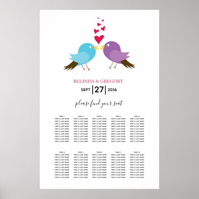 Love Birds & Hearts Wedding Seating Chart Poster (Framsidan)