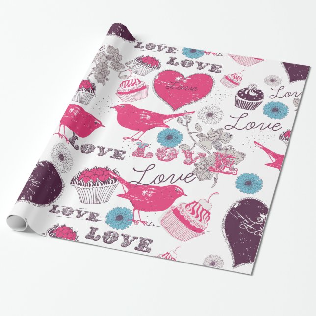 Love birds hjärta och Muffinsar Valentines Mönster Presentpapper (Utrullad)