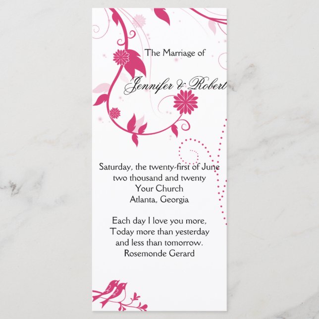 Love birds i Rosa och vitt Bröllopsprogram Program (Framsida)