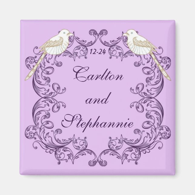 Love birds Lila/Lavender Bröllop Magnet (Framsidan)