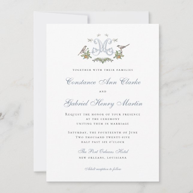 Love birds "M" Monogram bröllopsinbjudan Inbjudningar (Framsida)