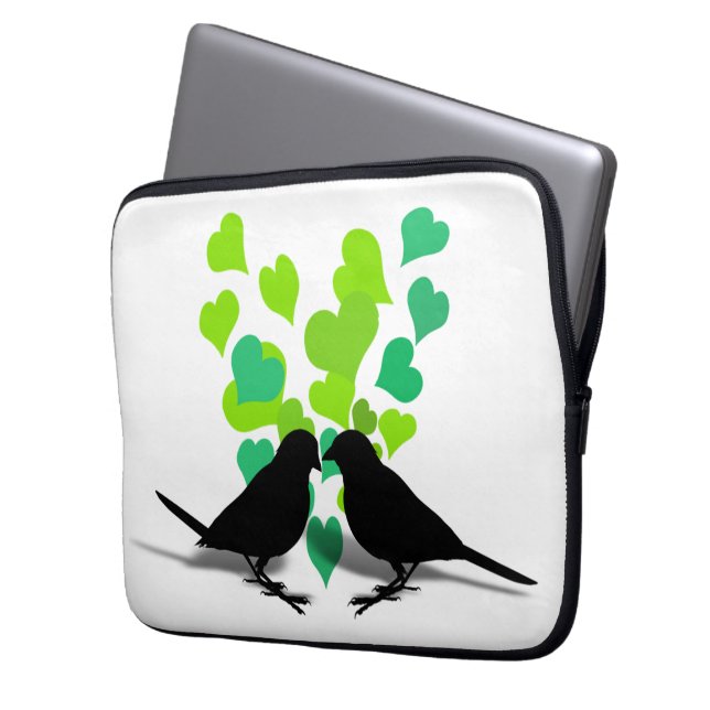 Love birds med Grönt Hjärter Laptop Sleeve (Framsidan Vänster)