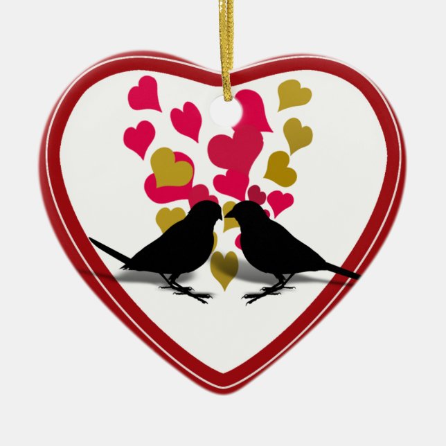 Love birds med rödhjärnen & Guld Julgransprydnad Keramik (Framsidan)