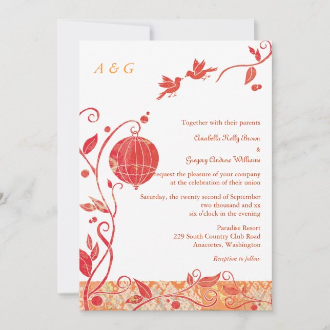 Love birds Monogrammed Bröllop Inbjudningar (Framsida)