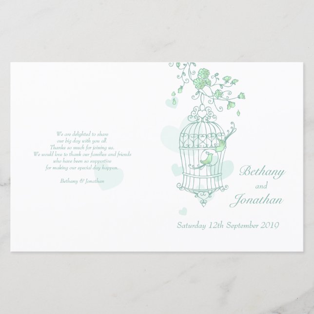 Love birds mynta grönt Bröllopsprogram (Framsida)