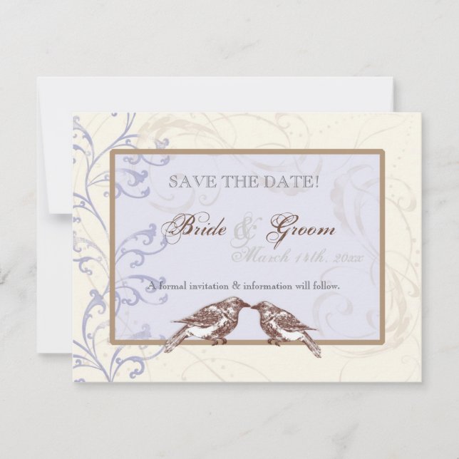 Love birds 'n Snöre - Periwinkle Save Date Card Spara Datumet (Framsida)