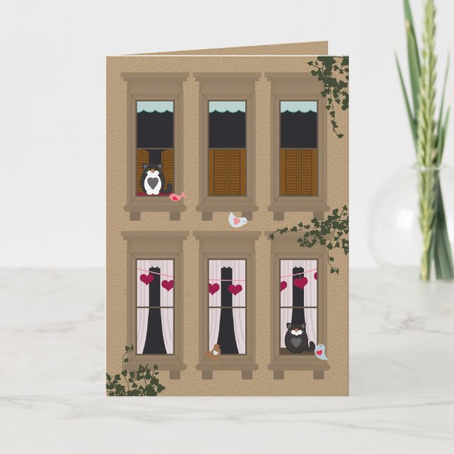 Love birds och Cats Brownstone Windows Valentine Anteckningskort (Framsida)