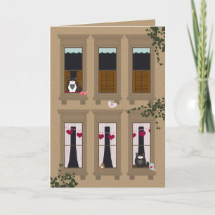 Love birds och Cats Brownstone Windows Valentine Anteckningskort