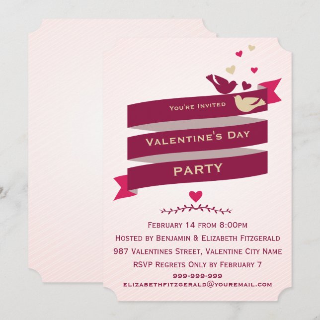 Love birds och Hearts Banner Valentines Party Inbjudningar (Fram/baksida)