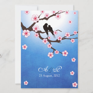 Love birds och Sakura - blå bakgrund Inbjudningar