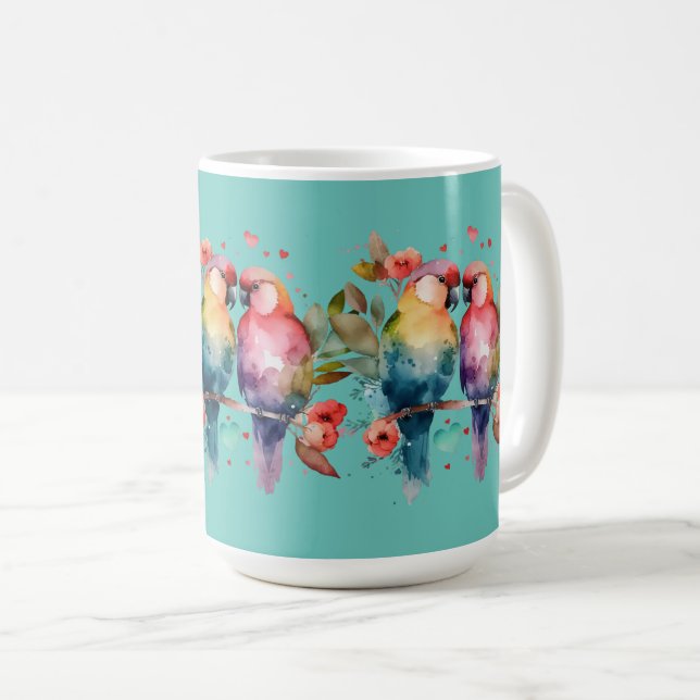 Love birds på gren omringade av hjärtan. kaffemugg (Framsida höger)