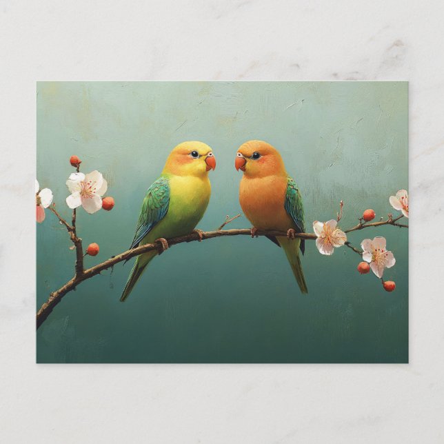 Love birds på Rosa Blommar Gren Vykort (Framsida)