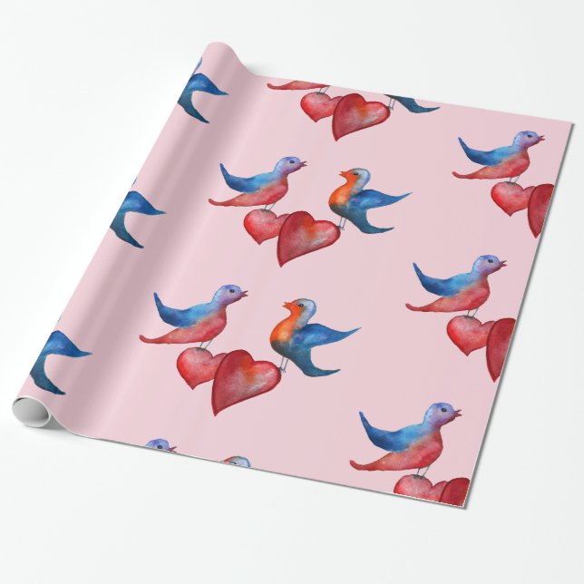 Love birds, Pappra vattenfärgsfåglar Presentpapper (Utrullad)