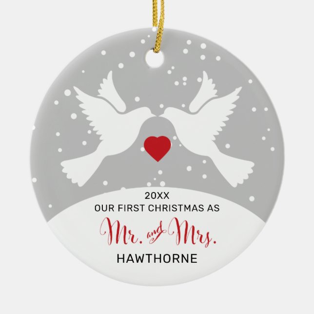 Love birds Personlig Mr. och Mrs. 1:a julen Julgransprydnad Keramik (Framsidan)