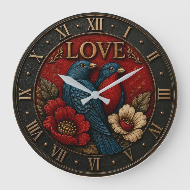 Love Birds Romantic Vintage Floral  Stor Klocka (Framsida)