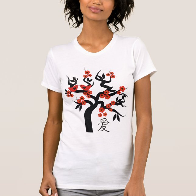 Love birds Sakura cherry träd kinesisk kärlek T Shirt (Framsida)