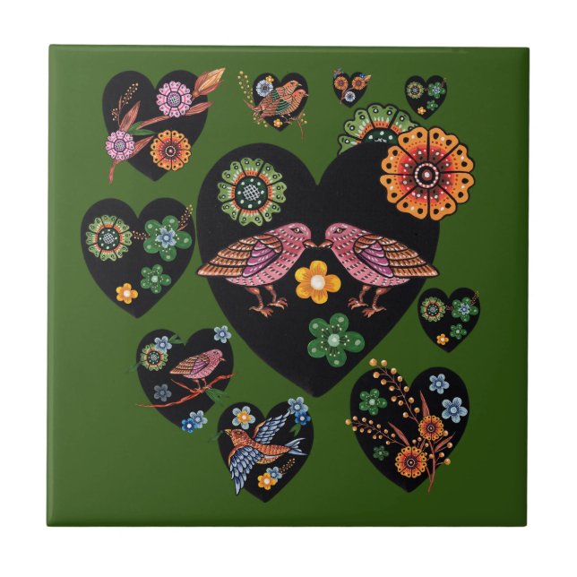 Love birds Scandinavian FolArt Kakelplatta (Framsidan)