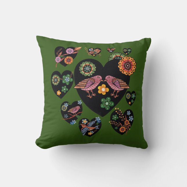 Love birds Scandinavian FolArt Kudde (Framsida)