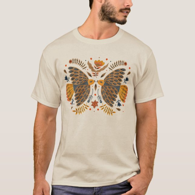 Love birds Scandinavian Folk Art T-Shirt (Framsida)