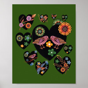 Love birds Scandinavian Folk Art Valentine Day Poster