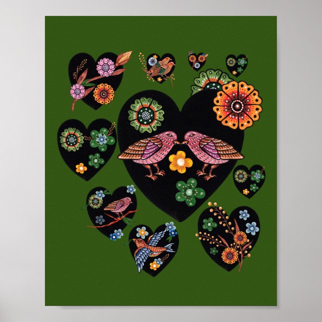 Love birds Scandinavian Folk Art Valentine Day Poster (Framsidan)