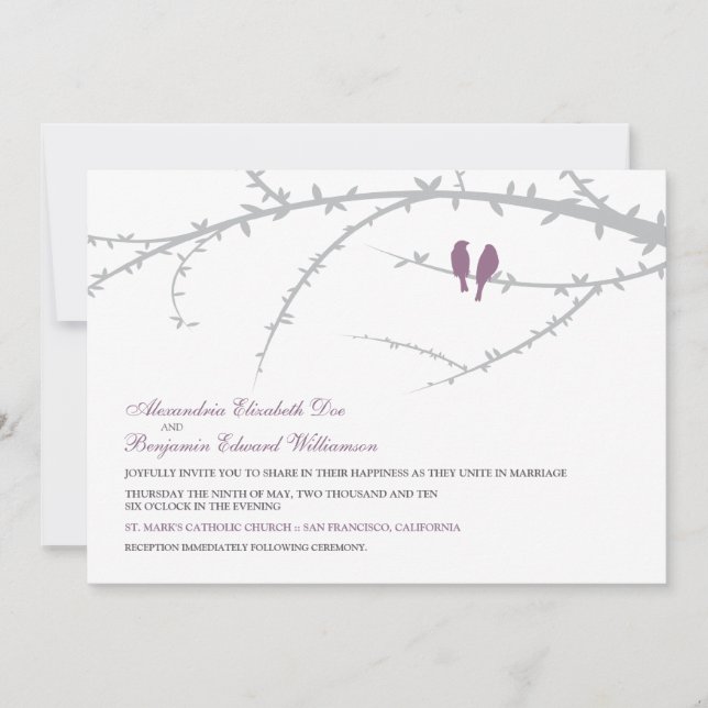 Love birds som gifta sig inbjudan (lavendel) (Framsida)