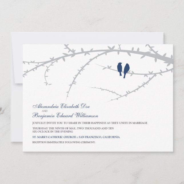 Love birds som gifta sig inbjudan (marinen) (Framsida)