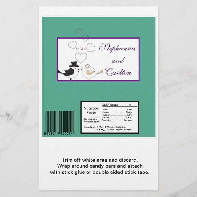 Love birds Teal/Lila Bröllop Candy Wrapper Flygblad (Framsidan)