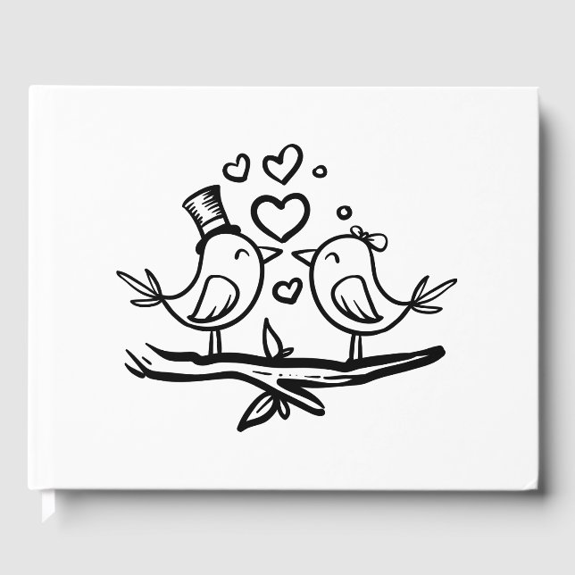 Love birds Tecknad Lovebird Black White Bröllop Gästböcker (Framsida)