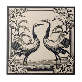 Love birds två Cranes Black Art Deco Art nouveau Kakelplatta