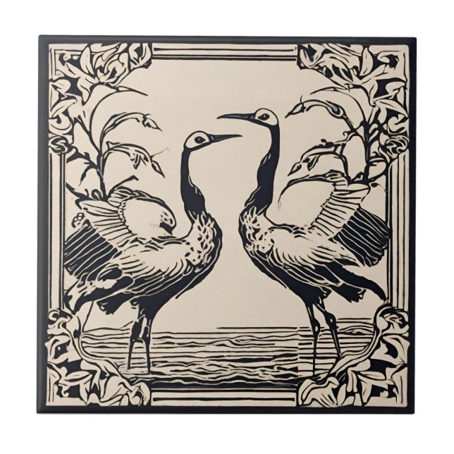 Love birds två Cranes Black Art Deco Art nouveau Kakelplatta (Framsidan)