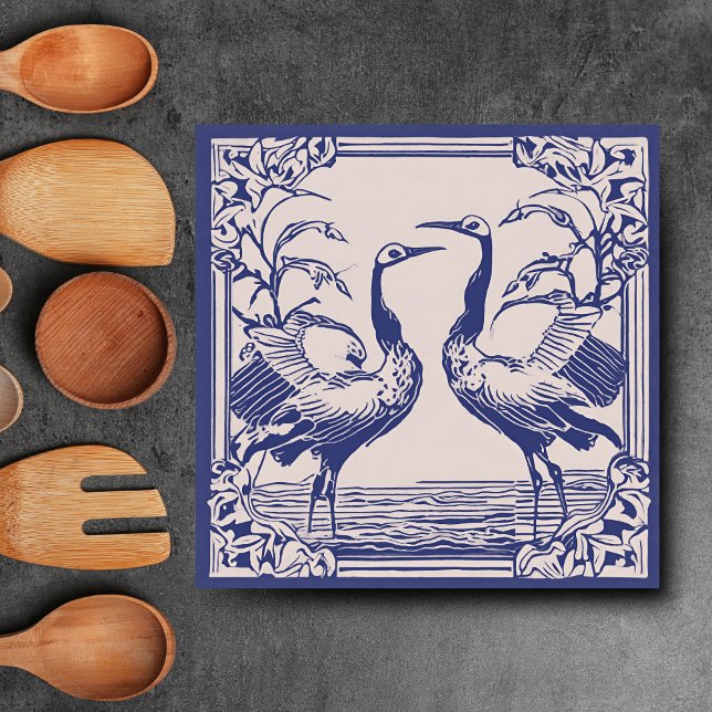 Love birds två Cranes Blue Art Deco Art nouveau Kakelplatta (Cranes Bird Blue and white modern delft tiles)