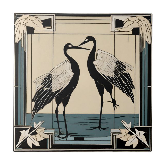 Love birds två Cranes Blue Art Deco Art nouveau Kakelplatta (Framsidan)