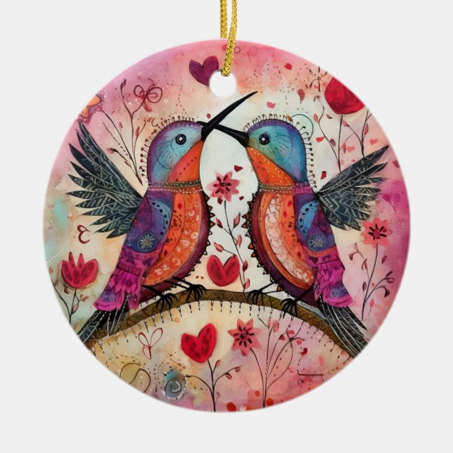 Love birds Valentine Hearts and Flowers Julgransprydnad Keramik (Framsidan)