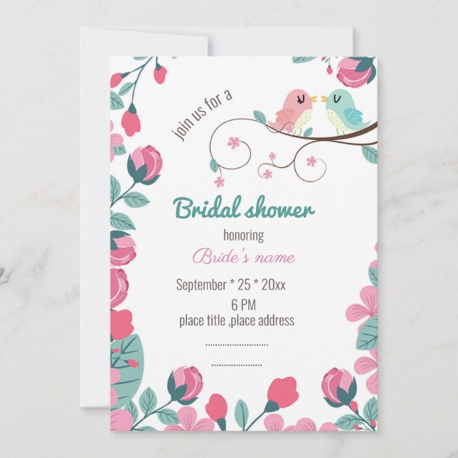 love birds vår blommigt inbjudningskort för möhipp (Framsida)