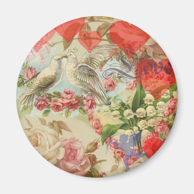 Love birds vintage, antikt hjärta kärlek magnet (Framsidan)