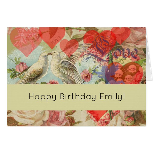 Love birds Vintage Antique Heart Hälsningskort (Framsidan Horizontal)