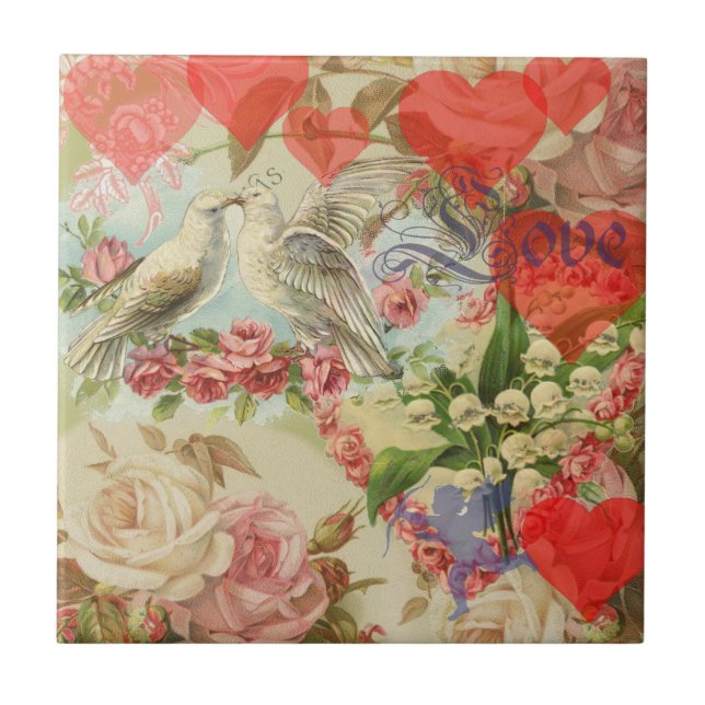 Love birds Vintage Antique Heart Kakelplatta (Framsidan)