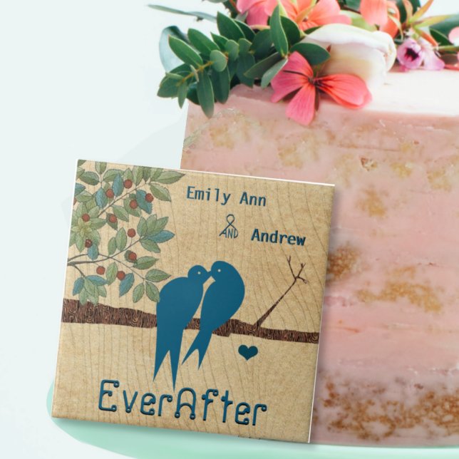 Love birds Wood Grain Träd, efter årsdagen Kakelplatta (Skapare uppladdad)